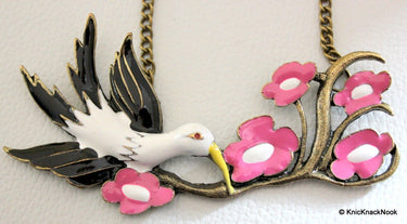1 x Black and White Bird with Pink Flowers Bronze Tone Pendant